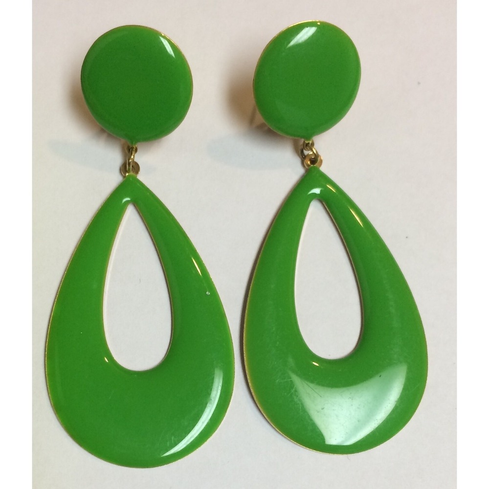 VTG Traditional Flamenco Teardrop Earrings Enamel Coated Metal NOS Green